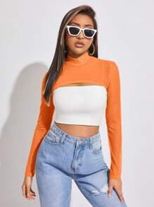 SHEIN BAE Áo nữ Tương phản Mesh cắt màu trơn Giải trí - trái cam - Xem 1