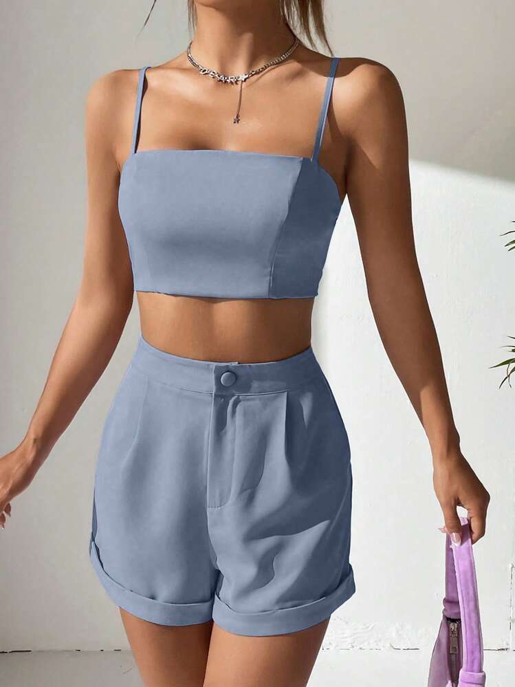 SHEIN EZwear 女士纯色露脐吊带背心和短裤休闲两件套 - 霧霾藍 - 查看 5
