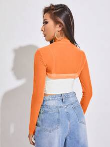 SHEIN BAE Áo nữ Tương phản Mesh cắt màu trơn Giải trí - trái cam - Xem 2