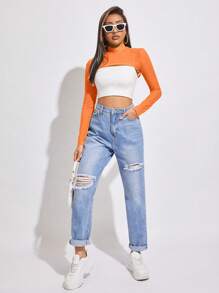 SHEIN BAE Áo nữ Tương phản Mesh cắt màu trơn Giải trí - trái cam - Xem 4