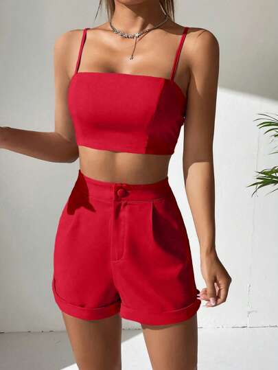 Muchica Solid Crop Cami Top & Roll Up Hem Shorts