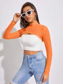 SHEIN BAE Áo nữ Tương phản Mesh cắt màu trơn Giải trí - trái cam - Xem 5