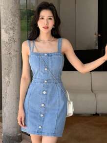 SHEIN Button Front Denim Dress Sundress - Medium Wash - View 1