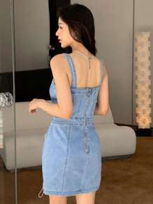 SHEIN Button Front Denim Dress Sundress - Medium Wash - View 2