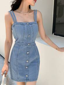 SHEIN Button Front Denim Dress Sundress - Medium Wash - View 3