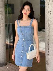 SHEIN Button Front Denim Dress Sundress - Medium Wash - View 4