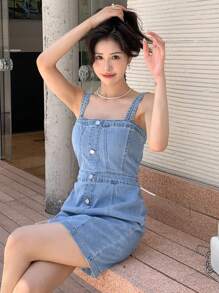 SHEIN Button Front Denim Dress Sundress - Medium Wash - View 5