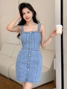 SHEIN Button Front Denim Dress Sundress - Medium Wash - View 7