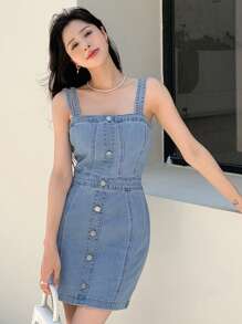 SHEIN Button Front Denim Dress Sundress - Medium Wash - View 8