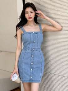 SHEIN Button Front Denim Dress Sundress - Medium Wash - View 9