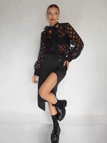 SHEINNeu 素色高衩側打結圍裹下擺半身裙 - 黑色 - 查看 3