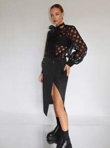 SHEINNeu 素色高衩側打結圍裹下擺半身裙 - 黑色 - 查看 4