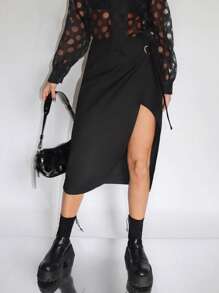 SHEINNeu 素色高衩側打結圍裹下擺半身裙 - 黑色 - 查看 5