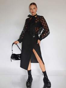 SHEINNeu 素色高衩側打結圍裹下擺半身裙 - 黑色 - 查看 6