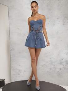 Denimoi 牛仔系带抹胸 & 短裙两件套 - 中等水洗藍 - 查看 3