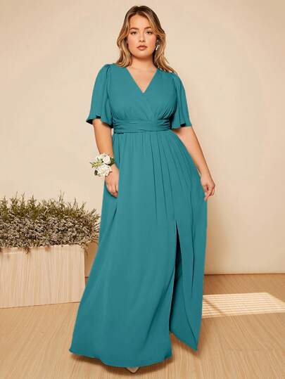 SHEIN Belle 大碼蝴蝶袖高衩長連衣裙