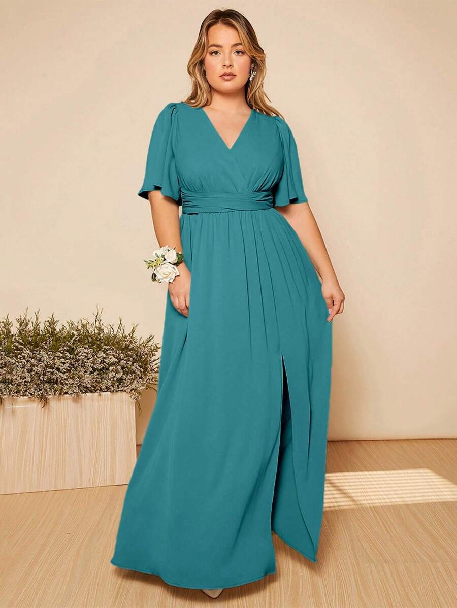 SHEIN Belle Plus Butterfly Sleeve Split Thigh Dress - Green - View 1