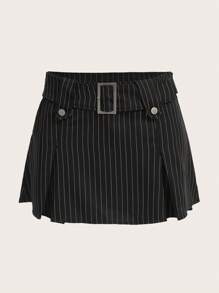 SHEIN ICON 條紋印花帶扣細節褶皺半身裙 - 黑色 - 查看 1