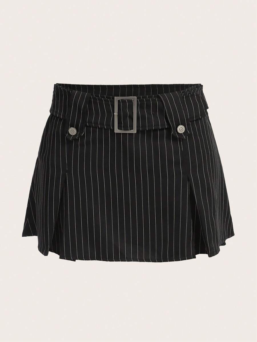 SHEIN ICON 條紋印花帶扣細節褶皺半身裙 - 黑色 - 查看 1