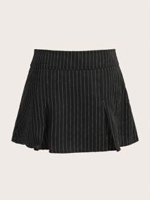 SHEIN ICON 條紋印花帶扣細節褶皺半身裙 - 黑色 - 查看 2