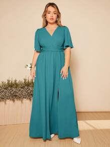 SHEIN Belle Plus Butterfly Sleeve Split Thigh Dress - Green - View 5