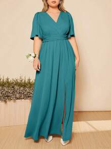 SHEIN Belle Plus Butterfly Sleeve Split Thigh Dress - Green - View 6