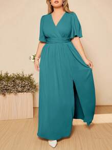 SHEIN Belle Plus Butterfly Sleeve Split Thigh Dress - Green - View 7