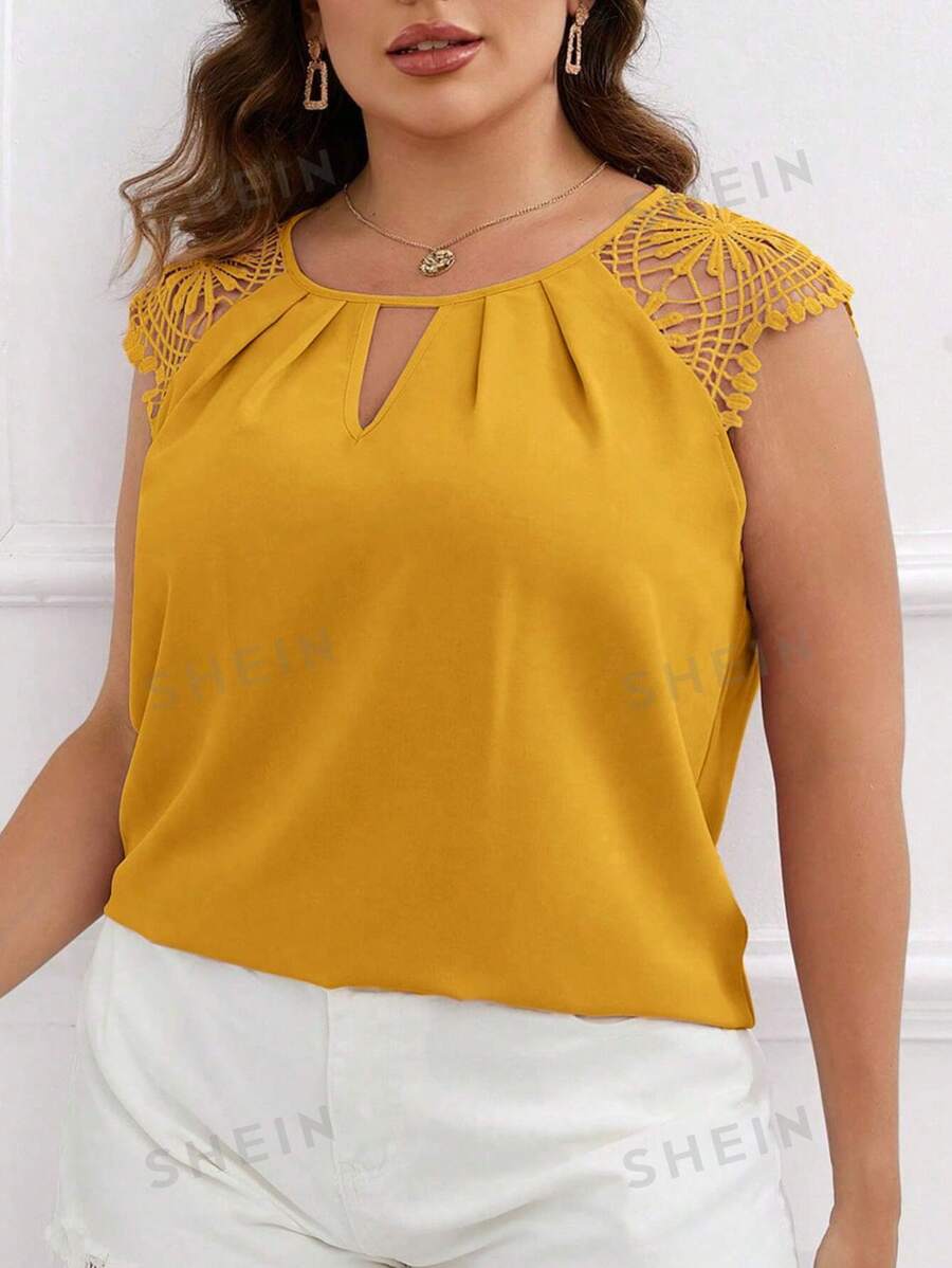 SHEIN Clasi Talla grande Blusa de cuello con abertura de ojo con encaje en contraste de manga raglán - Amarillo - Ver 1
