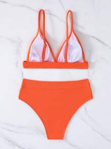 SHEIN Swim 夏季海灘肋骨三角高腰比基尼套裝，泳衣 - 亮橙色 - 查看 2