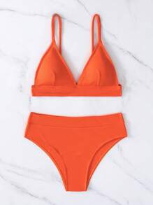 SHEIN Swim 夏季海灘肋骨三角高腰比基尼套裝，泳衣 - 亮橙色 - 查看 3