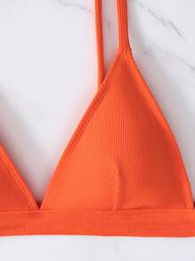 SHEIN Swim 夏季海灘肋骨三角高腰比基尼套裝，泳衣 - 亮橙色 - 查看 4
