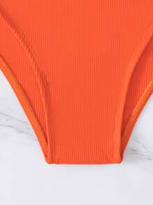 SHEIN Swim 夏季海灘肋骨三角高腰比基尼套裝，泳衣 - 亮橙色 - 查看 5
