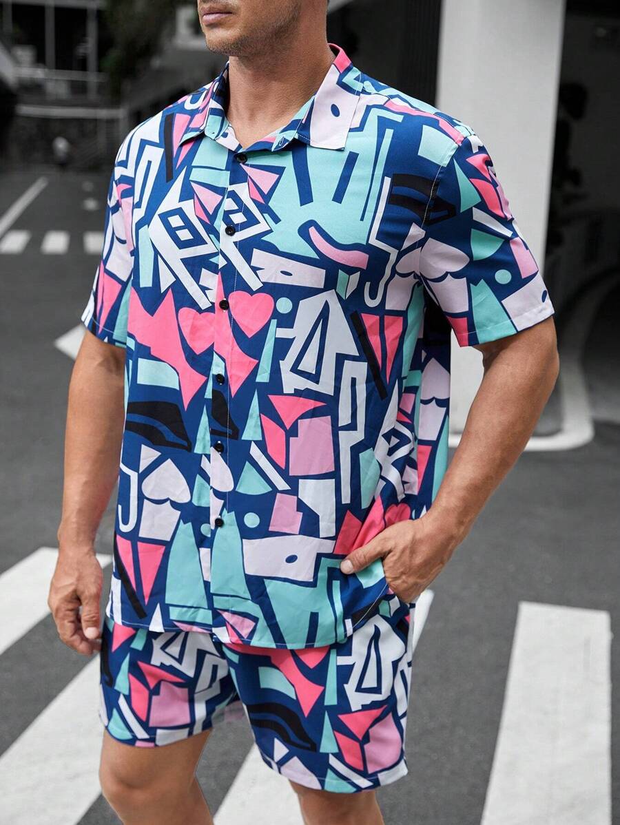 Manfinity VCAY 男士大码幾何印花襯衫&短褲 - 彩色 - 查看 1