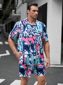 Manfinity VCAY 男士大码幾何印花襯衫&短褲 - 彩色 - 查看 3