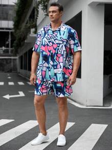 Manfinity VCAY 男士大码幾何印花襯衫&短褲 - 彩色 - 查看 4