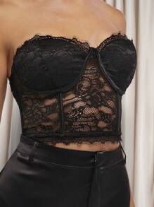 Hauture Bộ đồ hai mảnh áo ngực ren và chân váy satin - màu đen - Xem 3