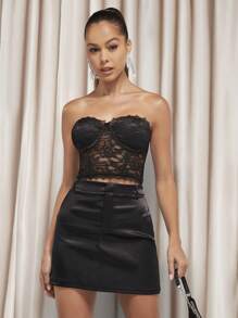 Hauture Bộ đồ hai mảnh áo ngực ren và chân váy satin - màu đen - Xem 6