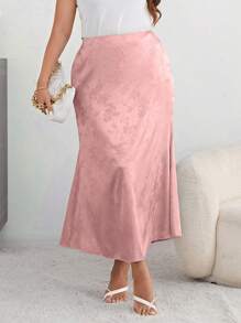 SHEIN Privé Plus Floral Jacquard Satin Skirt - Baby Pink - View 1