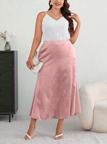 SHEIN Privé Plus Floral Jacquard Satin Skirt - Baby Pink - View 3