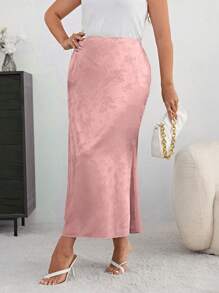 SHEIN Privé Plus Floral Jacquard Satin Skirt - Baby Pink - View 5