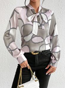 SHEIN Privé Chain Print Tie Neck Blouse - Multicolor - View 5