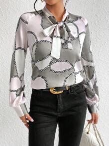 SHEIN Privé Chain Print Tie Neck Blouse - Multicolor - View 6