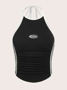 SHEIN ICON 字母貼布撞色滾邊掛脖上衣 - 黑色 - 查看 12