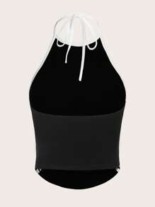 SHEIN ICON 字母貼布撞色滾邊掛脖上衣 - 黑色 - 查看 4