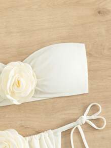 Swim Chiccia Summer Beach Appliques Bandeau Tie Side Bikini Set - Beige - View 4