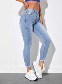 SHEIN PETITE High Waist Raw Hem Skinny Jeans - Blue - View 1