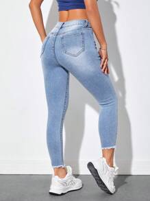 SHEIN PETITE High Waist Raw Hem Skinny Jeans - Blue - View 2