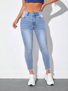 SHEIN PETITE High Waist Raw Hem Skinny Jeans - Blue - View 3