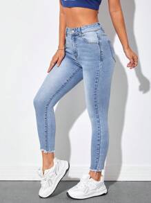 SHEIN PETITE High Waist Raw Hem Skinny Jeans - Blue - View 4