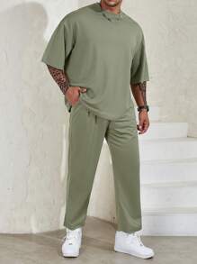 Manfinity Homme Men's Plus Size Loose Fit Solid Color Drop Shoulder T-Shirt & Pants Set - Army Green - View 5